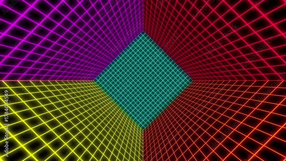 A colourful looping neon thin line grid tilt at 45° animation with forced perspective background.