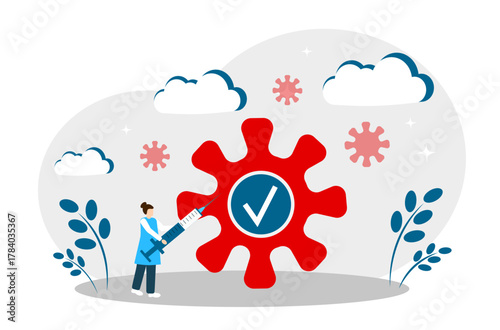 The concept of vaccination and protection against viruses and diseases. Doctor, virus, covid-19, vaccine, syringe