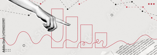 Trendy Halftone Collage Red Downtrend Graph. Hand and business decline chart. Continuous one line drawing of graph decrease. Crisis and despair. Investment losses. Contemporary vector illustration art