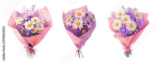 Watercolor set of chamomile bouquets with flowers in a pink wrapper. Wildflowers of chamomile, lavender and other flowers. Cute spring bouquets of flowers in pastel colors.