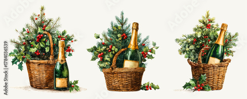 Watercolor set of vintage Christmas baskets. A woven basket with Christmas tree branches, holly and a bottle of champagne. Christmas vintage compositions drawn by hand.