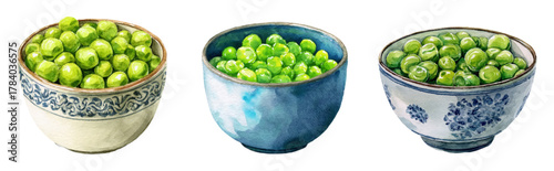 Set of bowls with green peas watercolor. Plates with marinated green peas. Ingredients for Olivier salad. green peas in a plate. Hand drawn illustration.