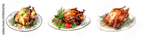 Watercolor set of baked chicken. Festive chicken carcass baked with spices on a plate with lettuce leaves. Festive Christmas cooked poultry. The main meat dish of the festive table.