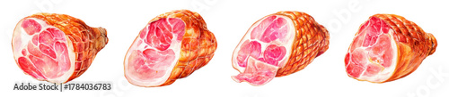 Set of watercolor illustrations with pieces of sliced smoked ham. Piece of meat for ham, jamon and prosciutto. Realistic meat product, hand-drawn in pink and golden brown tones.