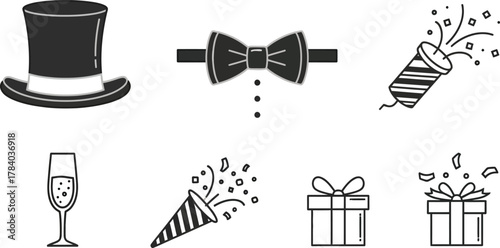 Formal celebration simple outline set. Vector pictograms of top hat, tuxedo bow tie, thin line illustration.