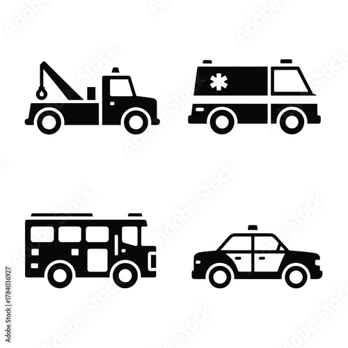 Collection of emergency service vehicle icons including tow truck, ambulance, fire truck and police car.