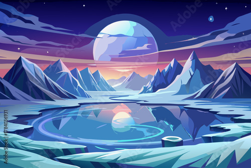 Frozen ice lake on alien moon sunset planet with calm background. The surface of the lake is covered with pristine snow, the soft light of the heavenly moon. Mountain range in the distance with fog...