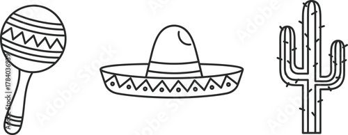 Cinco de Mayo simple line art set. Vector pictograms of maraca, sombrero, cactus, thin outline illustration.