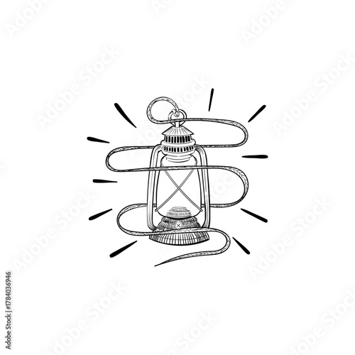 Classic hand-drawn vintage camping lantern illustration with glowing light rays on a white background