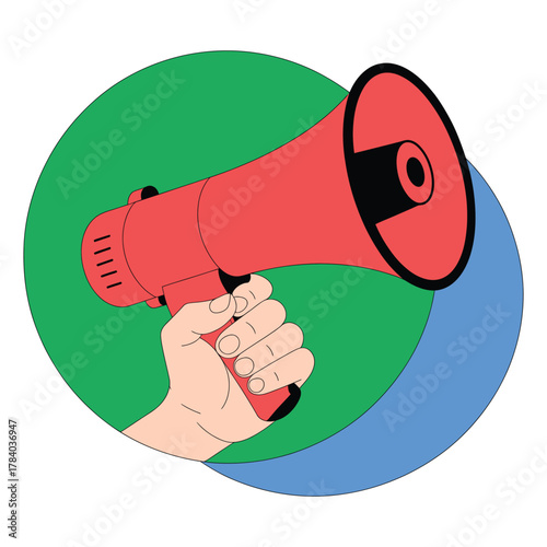 Hand holding a red megaphone, announcing loudly with bright circles in the background