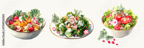 Collection of watercolor illustrations with fresh vegetable salads in bowls. Hand drawn healthy dishes with lettuce, tomatoes, radish, broccoli, corn and herbs.