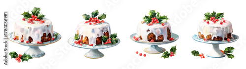 Watercolor set of Christmas cakes. Baked pies covered with white sugar icing and decorated with holly berries. Christmas sweet pastries. Festive cakes for Christmas celebrations.