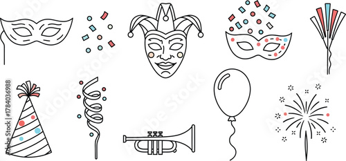 Carnival and festival simple line set. Vector pictograms of mask, confetti, streamers, thin stroke illustration.
