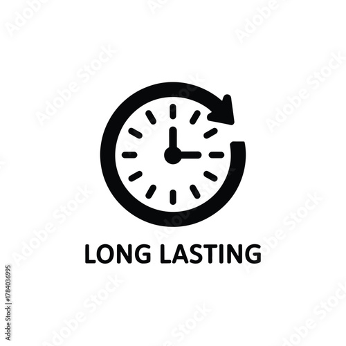 Clock with circular arrow symbolizing long lasting time and durability