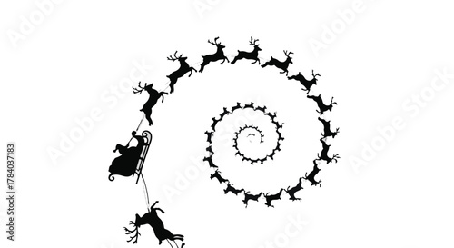 Whimsical spiral of Santa's sleigh and reindeer, evoking festive holiday magic and winter wonder