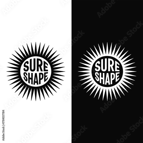 Bold sunburst logo with "SURE SHAPE" text, offering a modern and graphic design element.