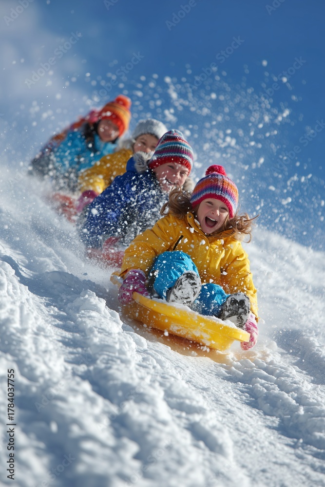 Fototapeta premium Cheerful child in winter clothes speeds down a snowy hill on a sled, spraying fresh snow. Pure joy and winter fun.
