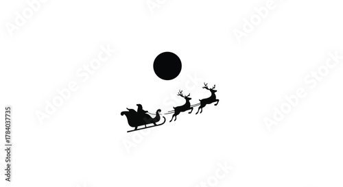 Silhouette of Santa Claus flying in a sleigh pulled by reindeer against a dark moonlit sky