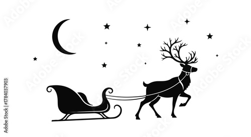 Majestic reindeer pulling a festive sleigh under a starry night sky with crescent moon