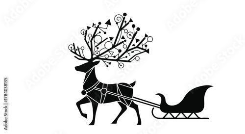 Whimsical reindeer pulling a festive sleigh with ornate, swirling antlers