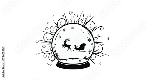 Whimsical snow globe illustration with Santa's sleigh and reindeer