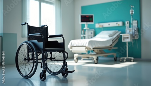 Empty wheelchair stands in modern hospital room beside bed and medical equipment. Represents patient care, recovery, and accessibility needs in healthcare settings.