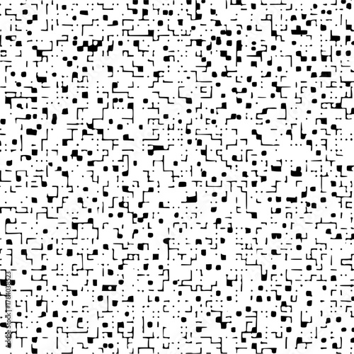 A dense arrangement of black squares, dots, and line segments on a white background creates a pattern