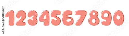 Set of cute cartoon numbers from 0 to 9 in pink color. Glossy balloon-style design. Fun and playful illustration for children, education, or decoration.