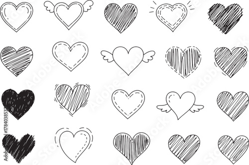 Doodle hearts collection. Vector set of hand-drawn love symbols in scribble, hatch, and outline styles. Ideal for Valentine's Day, wedding invitations, and romantic decorations.