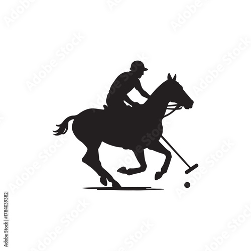 a simple black silhouette of a polo player on a horse isolated on white background