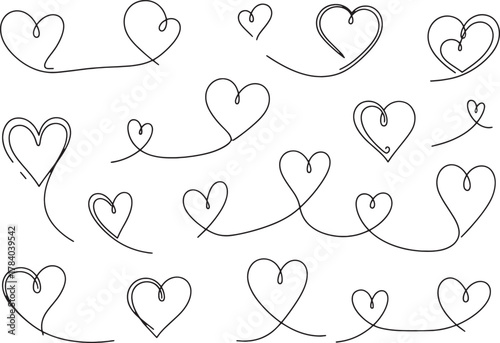 Continuous one line drawing of hearts. Vector collection of minimalist love symbols. Elegant, hand-drawn design elements for Valentine's Day, wedding invitations, and romantic decor.