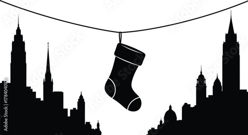 Christmas stocking hanging in city, a festive decoration for holidays in urban landscape silhouette style