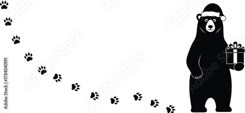 Festive bear in santa hat with gift and paw prints, a charming christmas illustration for holiday cheer and winter fun