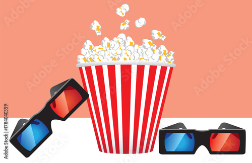 Popcorn bucket and 3d glasses for cinema entertainment