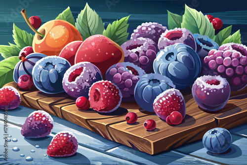Close-up of frozen berries on wooden table, cold winter food concept, detailed macro photography of frozen fruits, natural cold texture background, seasonal freshness composition.
