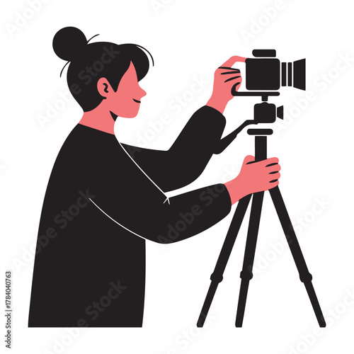 Photographer Vector Illustration . Minimal Flat Design of Camera Tripod Setup for Photography, Videography & Creative Media Projects