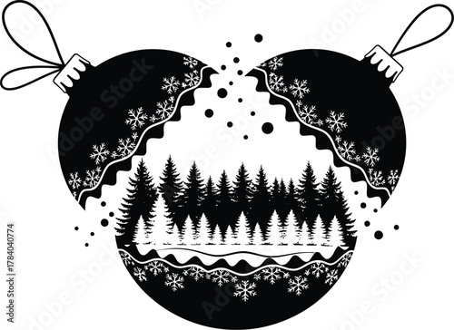 Broken christmas ornament with winter forest scene, symbolizing fragility and beauty of nature during holidays