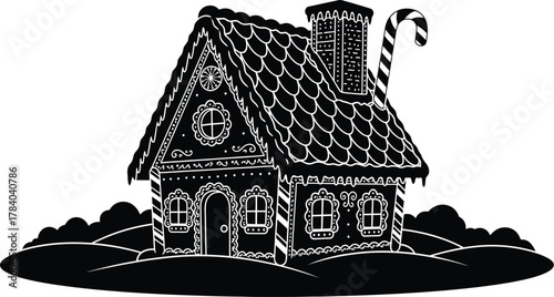 Charming gingerbread house with candy cane accent, , evoking magic and sweetness of holiday season