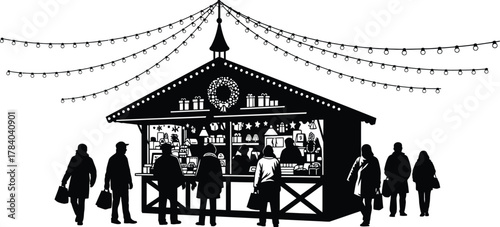 A bustling christmas market stall silhouette, filled with people, lights, and festive cheer for holidays