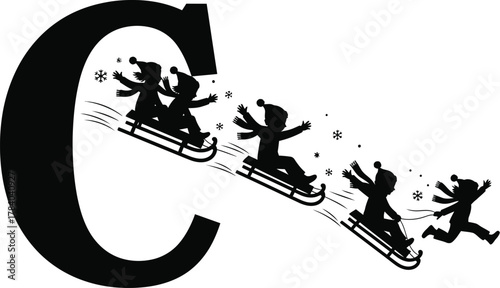 Silhouette of children sledding down a hill forming letter , winter fun and playful design for christmas