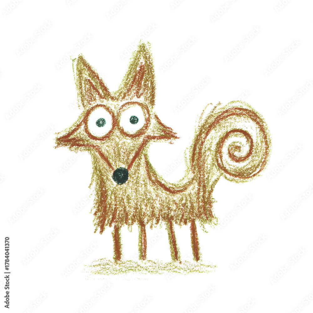 Fototapeta premium Colorful and playful drawing of fox with big eyes and a curly tail. Naive childish illustration on white background.