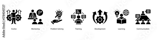 Professional Growth web banner vector illustration featuring Evolve, Mentoring, Problem Solving, Training, Development, Learning, and Communication.