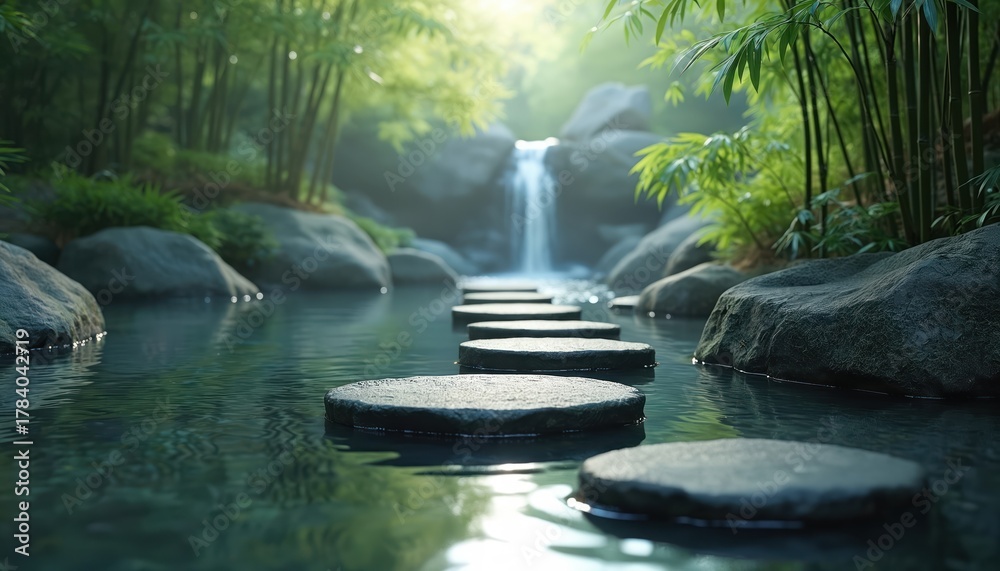 Obraz premium Stepping stones cross calm water in rich Japanese garden. Gentle waterfall cascades behind bamboo plants. Peaceful nature path leads toward tranquil oasis.