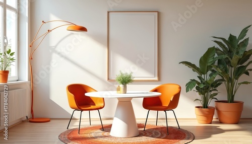 Fototapeta Naklejka Na Ścianę i Meble -  Minimalist modern dining room design features orange accents white walls and a round table. Two chairs a lamp and plants create a stylish atmosphere. Blank picture frame provides space for design.