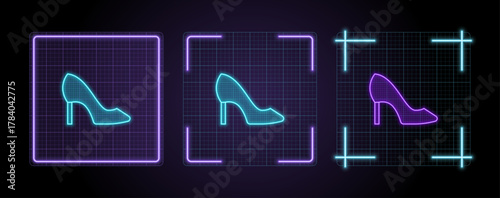 Woman high heel shoe icon illustration, cyber neon visual, glowing border grid vector.