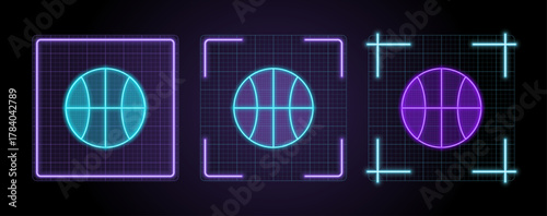 Basketball icon illustration, cyber neon visual, glowing border grid vector.