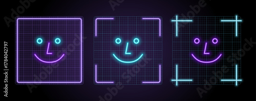 Face scanner icon illustration, cyber neon visual, glowing border grid vector.