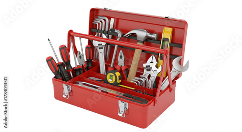 Toolbox filled with assorted hand tools, 3D realistic isolated