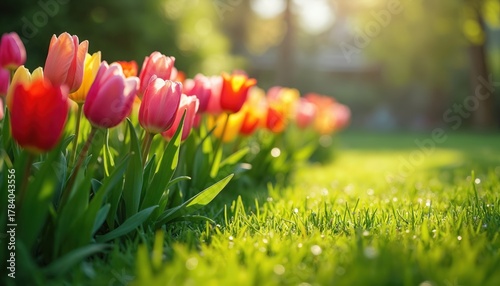 Vibrant tulips bloom in garden. Bright flowers grow in fresh green grass. Red yellow and pink petals get sunlight. Springtime scenery creates natural beauty in the yard.