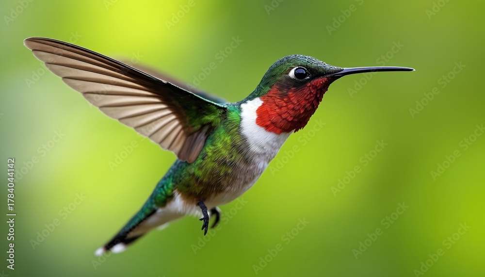 Fototapeta premium Vibrant ruby throated hummingbird in mid-flight against rich green backdrop. Tiny bird displays brilliant colors, intricate feather patterns. Dynamic image of wildlife beauty, natural grace, perfect